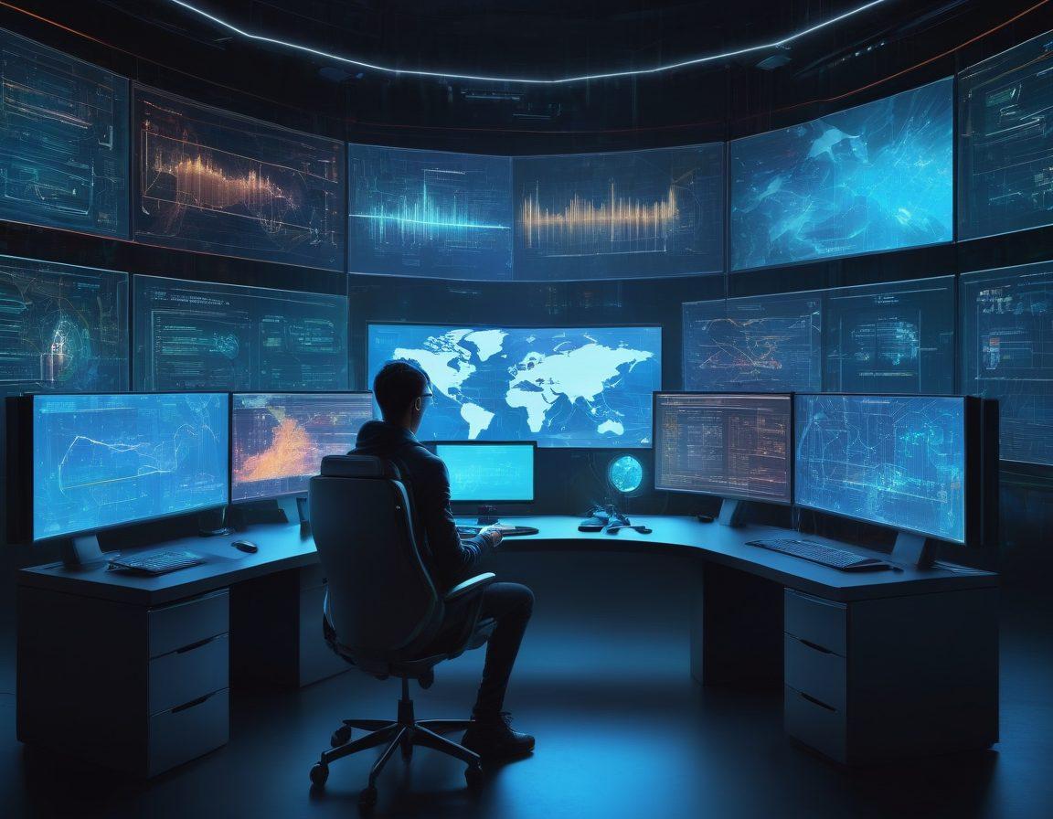 A modern digital landscape depicting a person sitting at a high-tech desk, surrounded by multiple screens displaying vibrant graphs and network maps. Include icons representing security, freedom, and privacy, like locks and shields. Visually represent the concept of ‘internet freedom’ through open gates or flowing digital streams. The atmosphere should be dynamic and inspiring, suggesting innovation in secure browsing. cyberpunk. vibrant colors. 3D.