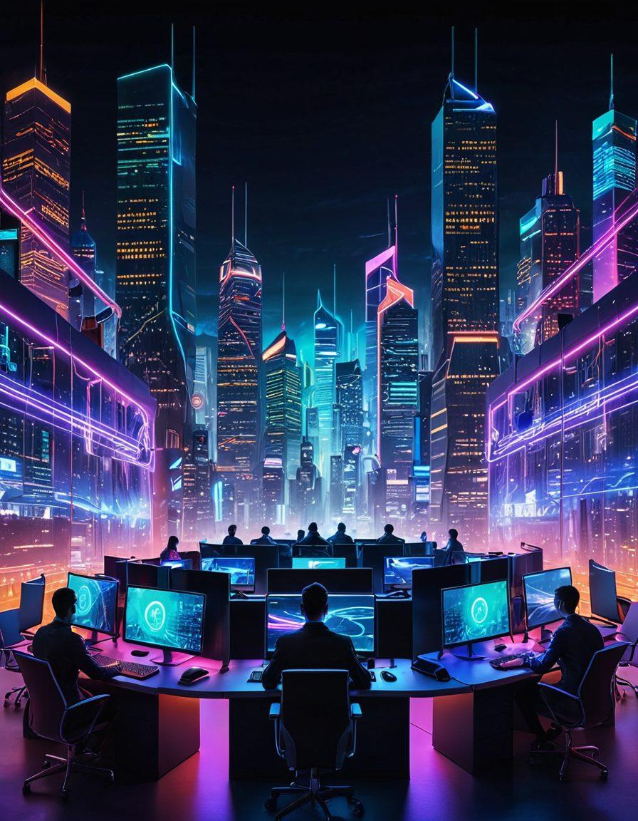 A vibrant digital landscape featuring a diverse group of people using laptops and devices, symbolizing global connectivity and online freedom. Visual elements of a shield to represent security and anonymity, intertwined with server racks and flowing data streams. A colorful representation of proxy servers and VPNs as abstract visual motifs encircling the scene. Include a high-tech city skyline in the background, symbolizing the internet realm. cyberpunk. vibrant colors. 3D.